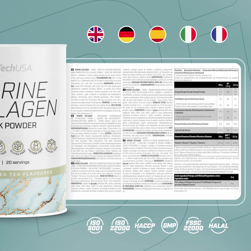 BioTechUSA Marine Collagen | Hydrolyzed Fish Collagen with Vitamin C | Sugar-Free | Gluten-Free | Skin Hair Nails & Joint Support, 240 g, Lemon-Green Tea