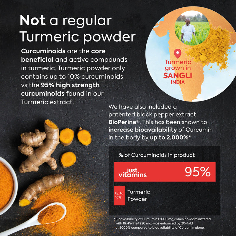 Turmeric Tablets | 12,500mg + Black Pepper BioPerine®, 475mg Curcuminoids & Vitamin C | 120 Vegan Tablets | Joint, Inflammation & Immune Support | UK Made - Just Vitamins 120 count (Pack of 1)