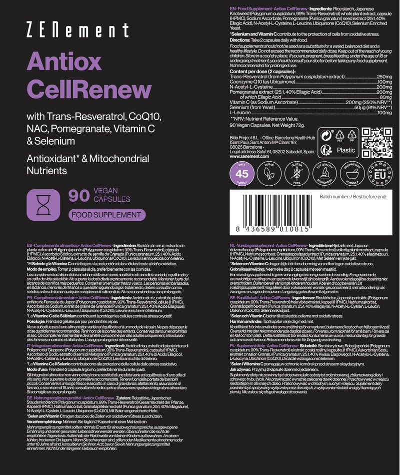 Antiox CellRenew with Trans-Resveratrol, CoQ10, NAC, Pomegranate, Vitamin C & Selenium - Antioxidant & Cellular Energy Support, 90 Vegan Capsules - Zenement