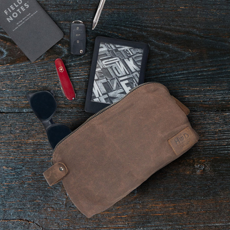 Hide & Drink, Large All Purpose Dopp Kit Utility Bag, Waxed Canvas, Handmade, Honey Bourbon