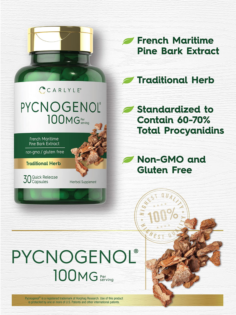 Carlyle Pycnogenol 100 mg | 30 Capsules | Non-GMO and Gluten Free Formula | French Maritime Pine Bark Extract Supplement