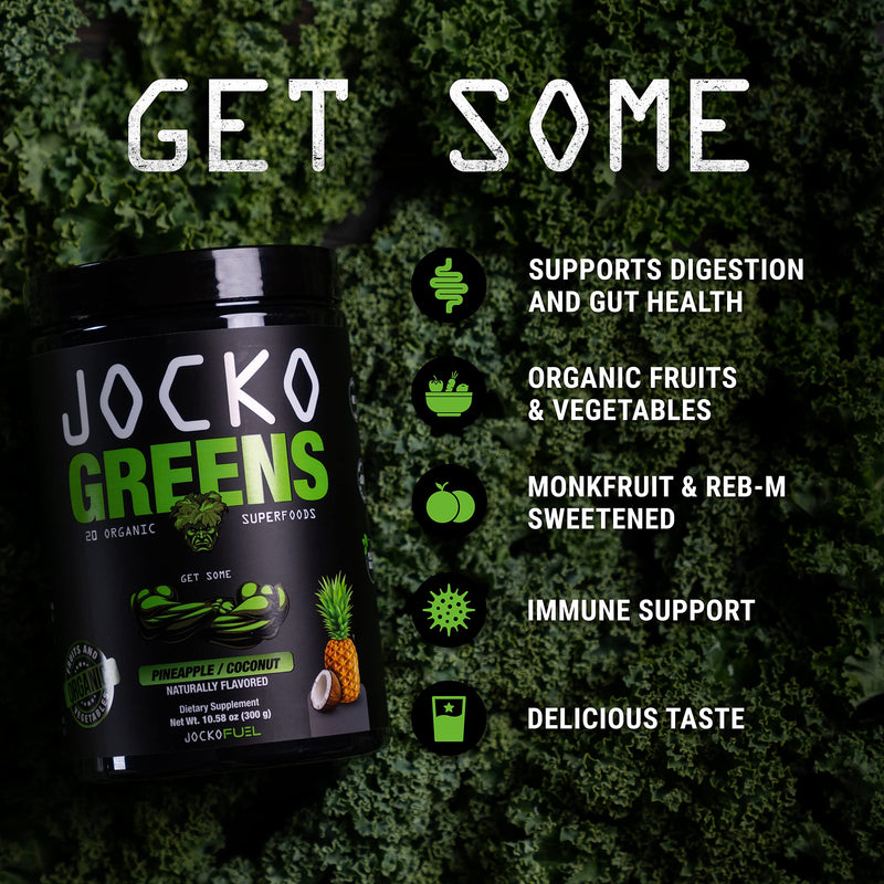 [Australia] - Jocko Fuel Daily Greens Powder - Premium Organic Greens Superfood Powder for Gut Health, Digestion, Bloating, Immune Support with Spirulina, Chlorella, Digestive Enzymes, & Probiotics - 30 Servings Coconut/Pineapple 