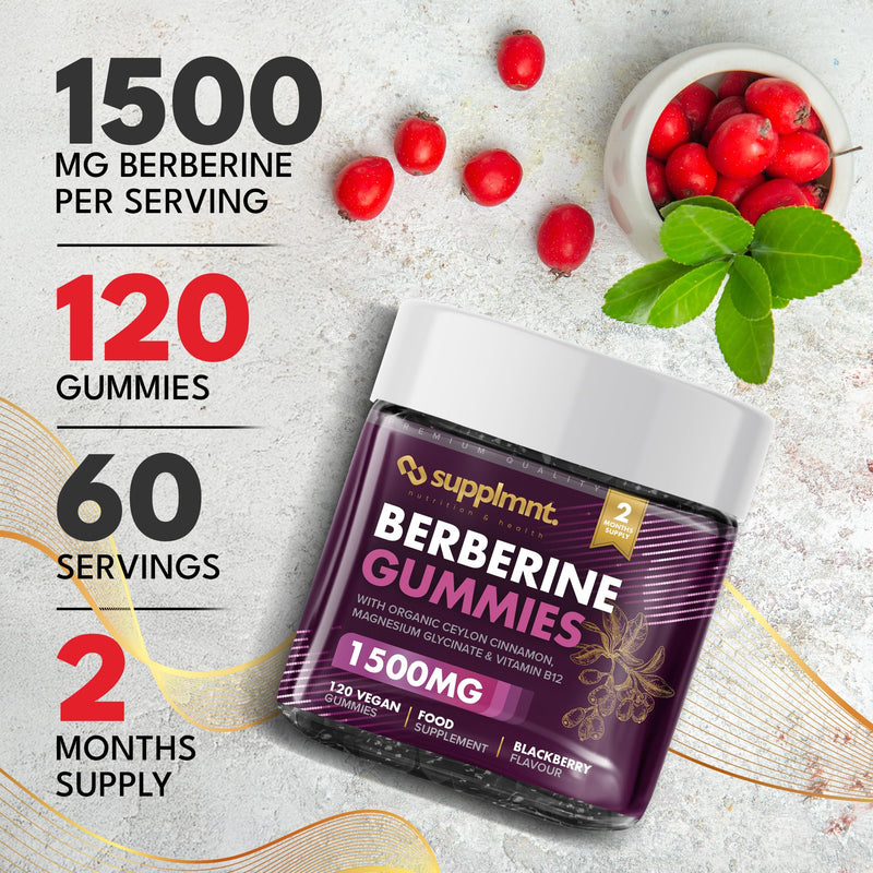 Supplmnt. Berberine Gummies - 2 Months Supply, 1500mg Berberine with 1000mg Ceylon Cinnamon, 2.4mg Vitamin B12 & 400mg Magnesium Glycinate - Powerful Metabolism & Immune Support Supplement BlackBerry