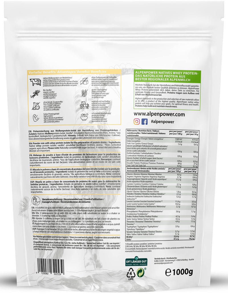 [Australia] - AlpenPower Whey Isolate Protein Powder Vanilla 1kg - 100% natural ingredients, no sweeteners - grass fed - High-quality protein powder made from the best Alpine milk 1 kg 
