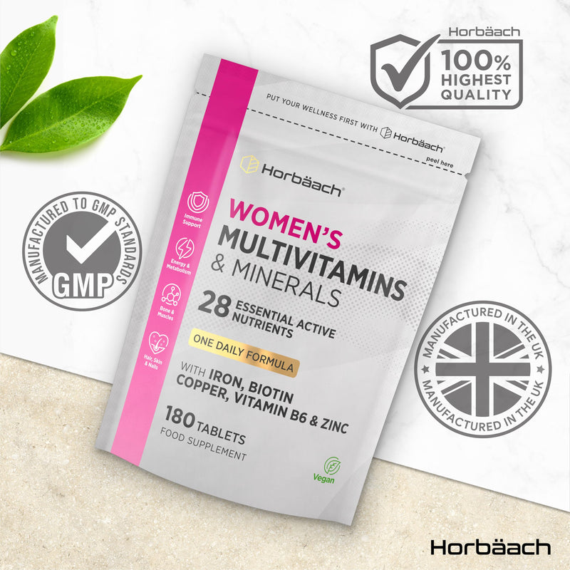 Womens Multivitamins and Minerals | 28 Essential Active Nutrients with Iron, Biotin, Copper, Vitamin B6, Zinc & More | 180 Vegan Tablets - 6 Month Supply | by Horbaach