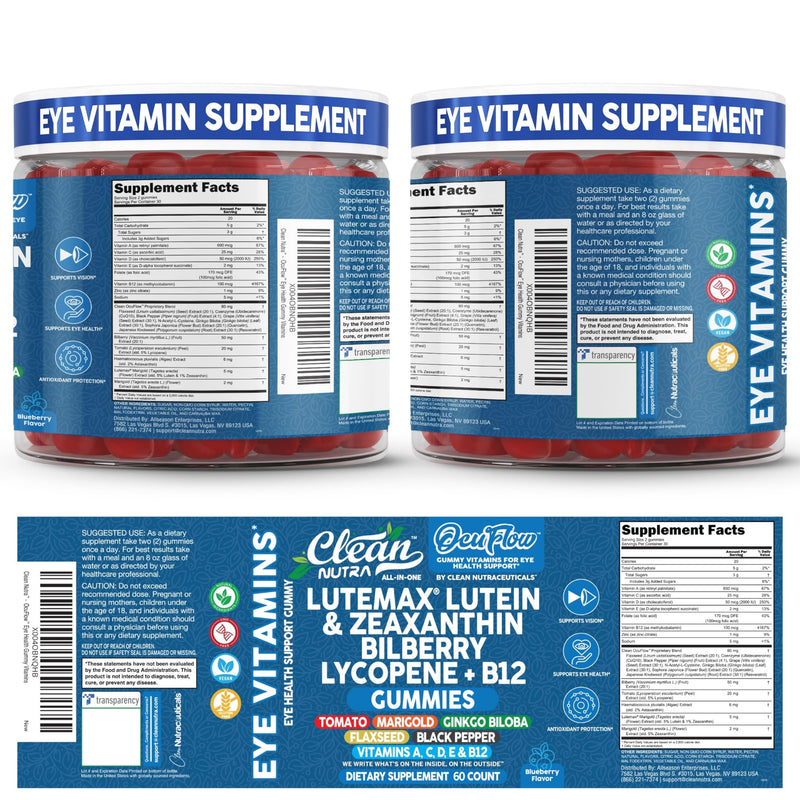 Clean Nutra Lutein and Zeaxanthin Eye Vitamins Gummies + Bilberry for Eyes Vision Support Ginkgo Biloba Marigold, Vitamin B12 Flaxseed Black Pepper CoQ10 Vitamin A l 60 Count B OcuFlow