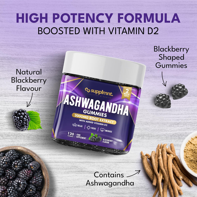 Supplmnt. Ashwagandha Gummies High Strength 2000mg with Vitamin D2 – 2 Months Supply Ashwagandha Root Extract Supplement, Vegan, BlackBerry Flavor, 120 Count