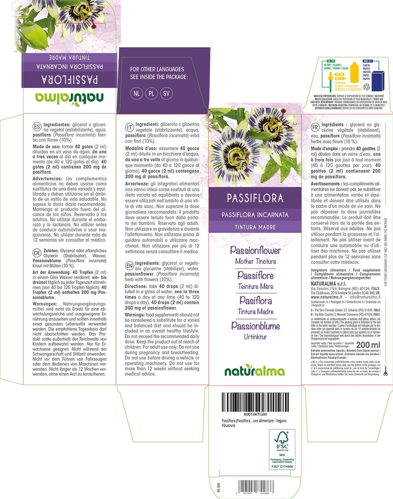 Passionflower (Passiflora incarnata) herb with Flowers Alcohol-Free Mother Tincture Naturalma - Liquid Extract Drops 200 ml - Food Supplement - Vegan 200 ml (Pack of 1)