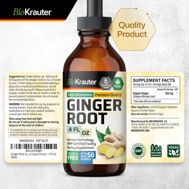 [Australia] - Ginger Root Tincture - Organic Ginger Root Extract - Natural Ginger Supplements for Overall Wellness - Alcohol and Sugar Free - Vegan Drops 4 Fl.Oz. 4 Fl Oz (Pack of 1) 