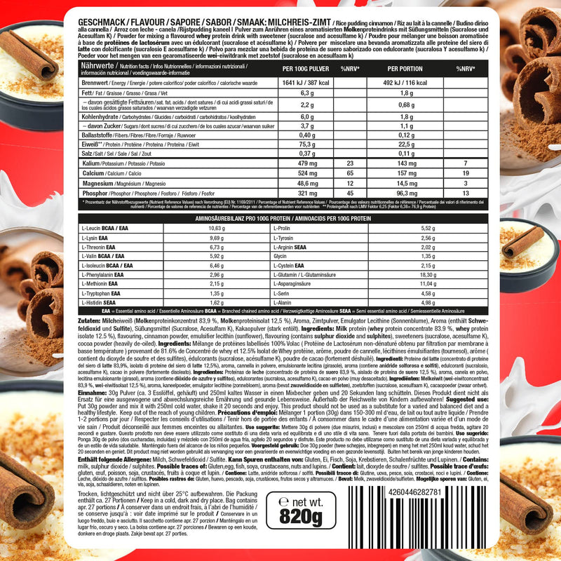 [Australia] - Honest Whey Protein Powder (Cinnamon Rice Pudding) 1 x 820 g with 12.5% isolate content. Instant soluble egg white protein powder with EAA & BCAA from fresh pasture milk. Optimal muscle building. Rice pudding cinnamon 27 portions (pack of 1) 