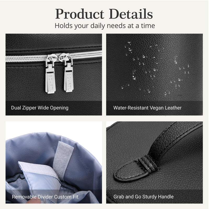 BOYATU Makeup Bag Vanity Case: Vegan Leather Cosmetic Bag for Women | Waterproof Travel Toiletry Bag with Removable Divider - Portable Organizer Bag with Handle 02 Black