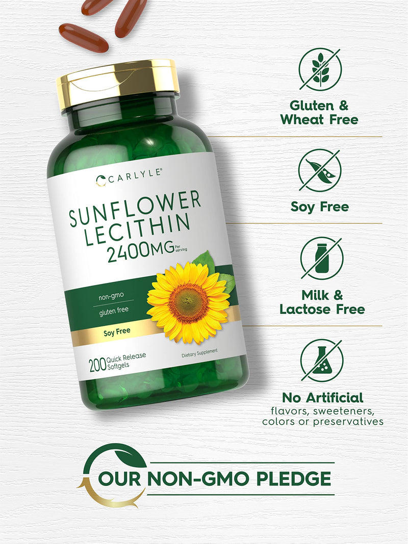 Carlyle Sunflower Lecithin Softgel Capsules | 2400mg | 200 Count | Rich in Phosphatidyl Choline | Non-GMO, Soy Free, Gluten Free Supplement