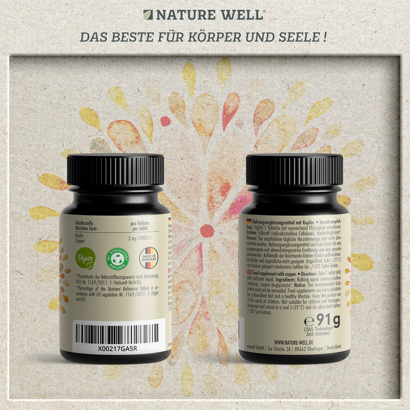 [Australia] - Copper tablets 365x with 2 mg copper made from high-quality copper bisglycinate - optimally high dosage - free of unwanted additives - laboratory tested with certificate - annual supply - 100% vegan 1x 365 tablets 