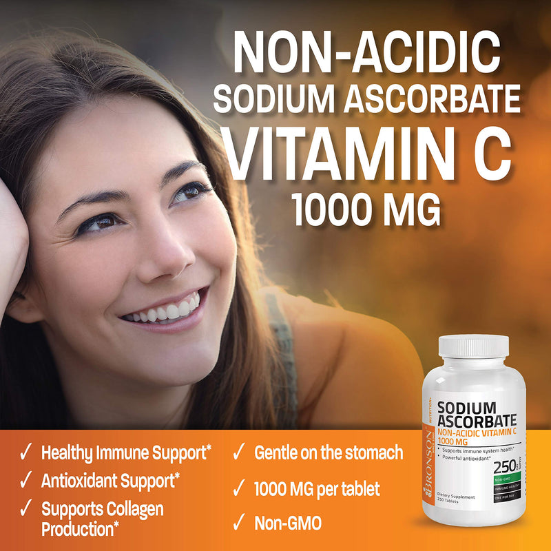 Bronson Non-Acidic Vitamin C 1000 mg as Sodium Ascorbate, 250 Tablets | Gentle on the Stomach, Immune, Antioxidant & Collagen Support, Non-GMO