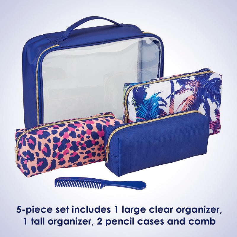 Conair 5 Piece Toiletry and Cosmetic Bag Set Under $30, Includes 4 Makeup Bags and 1 Travel Comb in Blue Palm Prints (Pack of 2) 1 Count (Pack of 2)