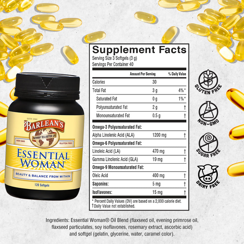 [Australia] - Barlean's Essential Woman Capsules, Hormonal Balance Supplement for Women, Flaxseed, Evening Primrose Oil & Soy Isoflavones, Omega 3 6 9 and GLA for Healthy Hair and Skin, 120 Count Softgels - 120 Count 