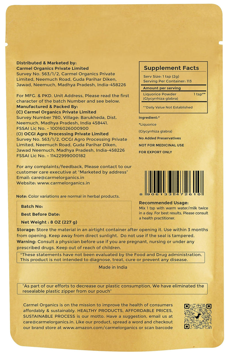 [Australia] - CARMEL ORGANICS Licorice Root Powder - 8 oz or 0.5 Lb/227 grams | Herbal Supplement | Natural Sweetener and Digestive Aid | Non-GMO | No Added Preservatives 8 Ounce (Pack of 1) 