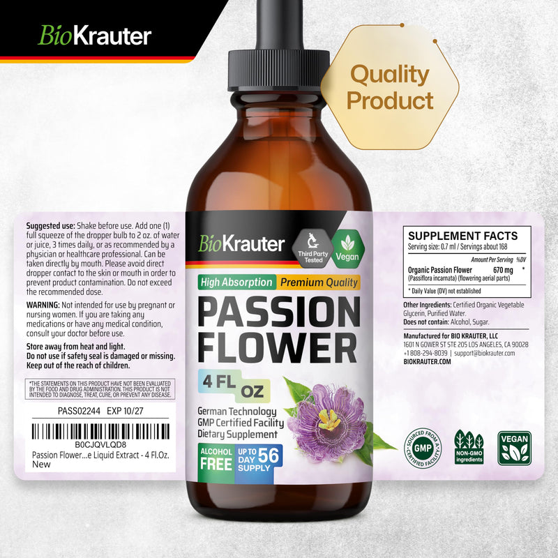 [Australia] - Passionflower Tincture - Organic Passion Flower Extract for Mood Support - Alcohol and Sugar Free - Vegan Passion Flower Tincture 4 Fl.Oz. 4 Fl Oz (Pack of 1) 