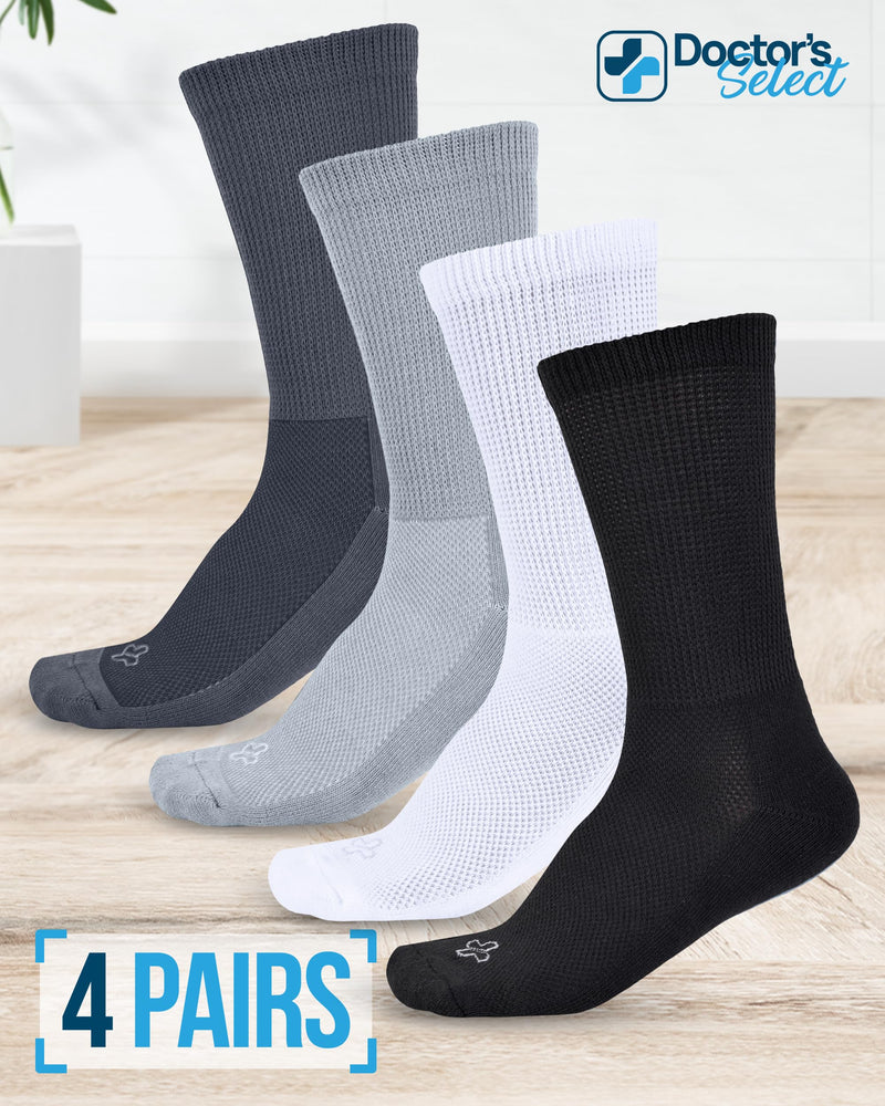 [Australia] - Doctor's Select Diabetic Socks for Men - 4 Pairs Crew Diabetic Neuropathy Socks for Men | Diabetic Socks for Men 9-12 Crew Height - Black, White, Light Grey, Grey Large 