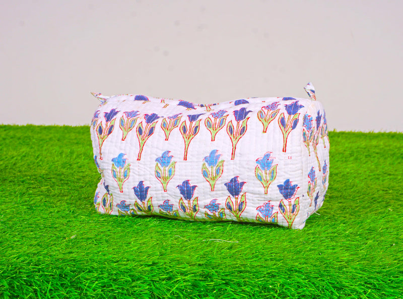 Generic Set of 3 Pieces Indian Handmade Cotton Quilted Handmade Floral Hand Block Print Toiletry Bag,Cosmetic Pouch Bag Makeup Bag For Women (Cotton, White A), 44999