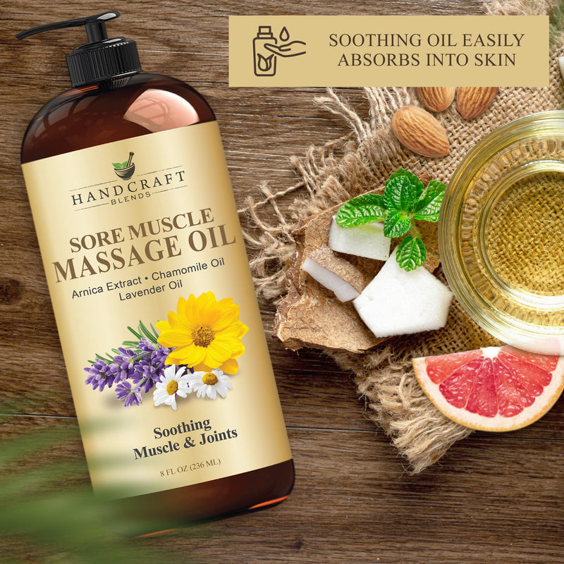 [Australia] - Handcraft Blends Sore Muscle Massage Oil 8 Fl Oz - Moisturizing Body Oil for Massage Therapy - Made with Arnica Extract, Chamomile, Lavender, Peppermint Oils 8 Fl Oz (Pack of 1) 