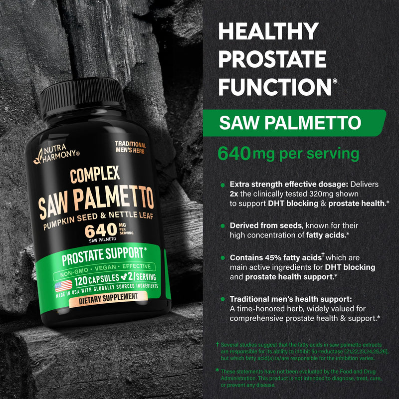 [Australia] - Saw Palmetto for Men 640mg - Pumpkin Seed | Nettle | Zinc & Pygeum - Prostate Health & Urinary Supplement - DHT Blocking & Hair Support - 45% Fatty Acids, Clinical Strength - Made in USA, 120 Capsules 120 Count (Pack of 1) 
