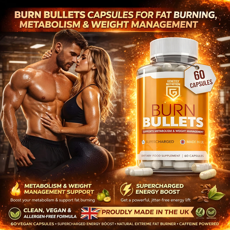 Burn Bullets Capsules for Metabolism & Weight Management Support | 60 Vegan Capsules | Supercharged Energy Boost, Natural Extreme Fat Burner, Caffeine Powered | UK Made | Plant-Based Supplement