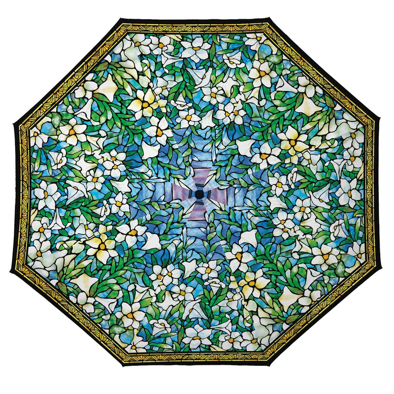 Windproof Auto Open/Close 43" Coverage Folding Travel Umbrella Fine Art Tiffany Field of Lilies Reinforced Rib Travel Umbrella w/Matching Sleeve