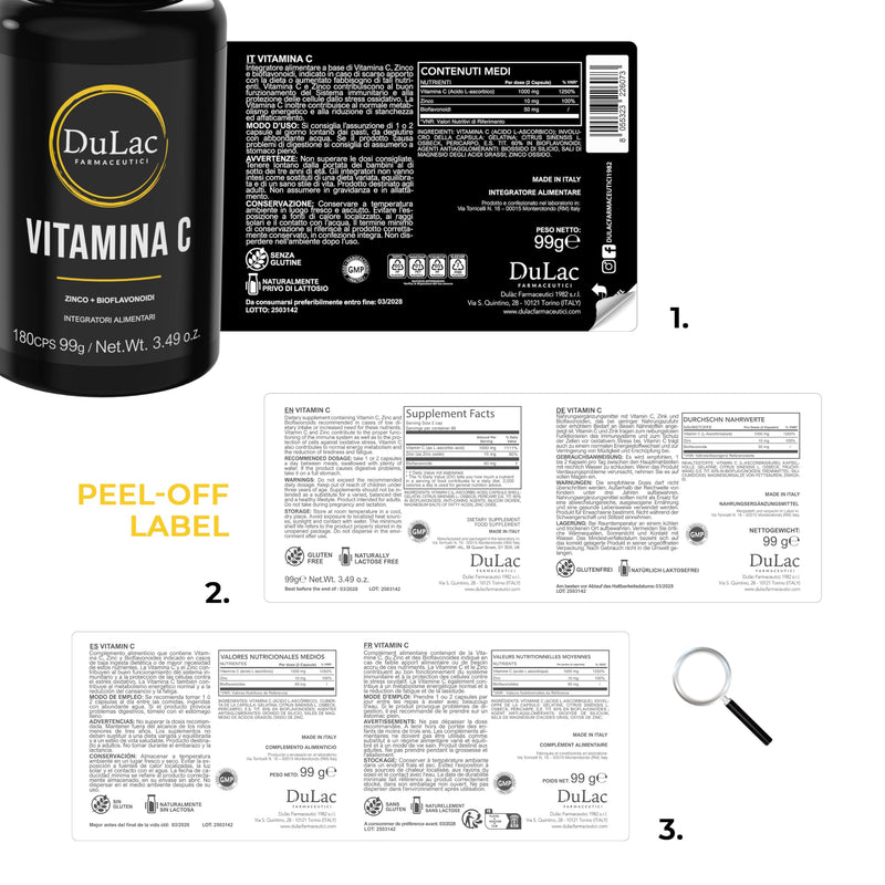 Dulàc - Vitamin C 1000mg, 180 Capsules, High Strength Vitamin C, Enriched with Zinc & Bioflavonoids, Immune Defence, Energy Metabolism, Antioxidant Action, Gluten-Free, Made in Italy