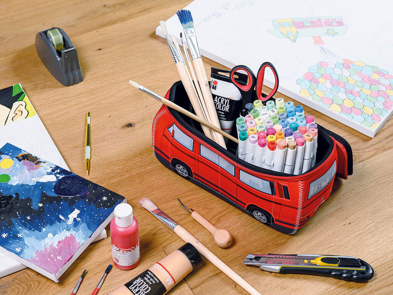 BRISA VW Collection - T3 Bus Camper Toiletry Bag Cosmetic Case | Volkswagen Toiletry Bag Cosmetic Case, Water-Repellent, Hanging Hook, 4 Mesh Pockets for Travel, Bathroom, Neoprene, Large Red Groß (30 x 14 x 12 cm)