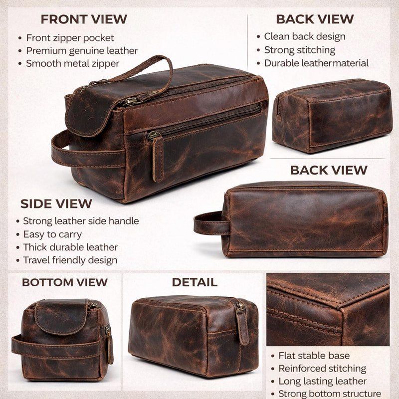 cuero Genuine Buffalo Leather Unisex Toiletry Bag Travel Leather Dopp Kit Made With High Class Buffalo Leather Brown