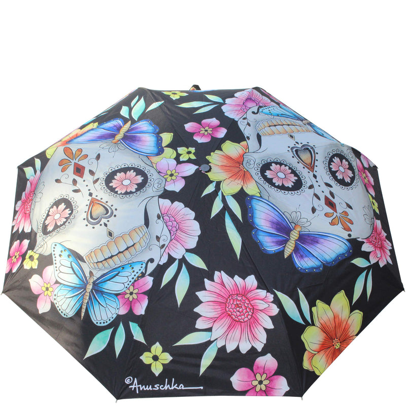 Anuschka Umbrella AUTO Open/Close - UPF 50+ Max Sun protection - 38” Waterproof Canopy - Fits in Handbag - Windproof Flexible Fiberglass - Day of the Dead
