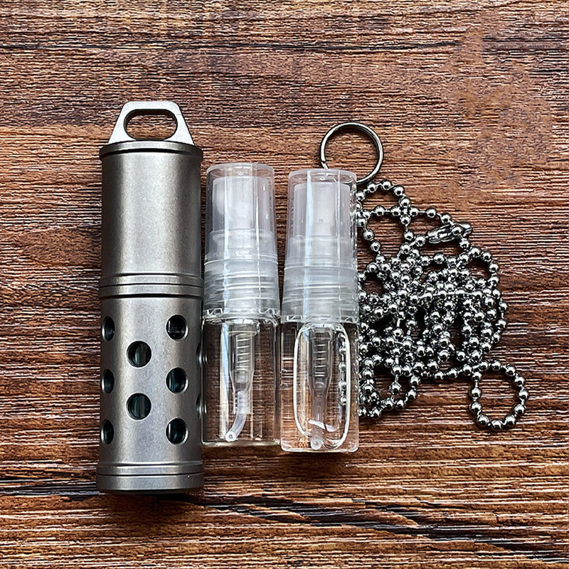 EDC Titanium Perfume Case and Make-Up Bottle and Glass Storage Jar Can be Used as A Keychain Small Items or Pendant Hollowed out version