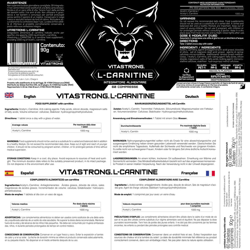 [Australia] - Vitastrong CARNITIN | 100% pure L-Carnitine | Improves energy and endurance during training | High quality Made in Italy. 