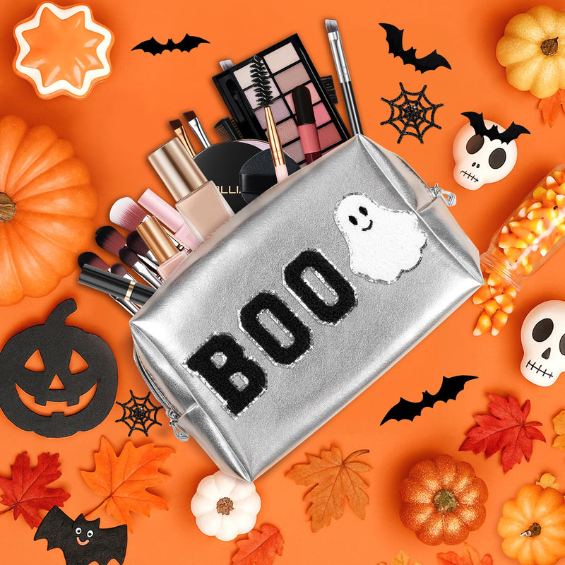 Dripykiaa Halloween Makeup Bag Boo Basket Gifts, Spooky Basket Gift for Women, Large Capacity Cosmetic Pouch with Ghost Chenille Patch, Soft Leather Zipper Toiletry Travel Organizer