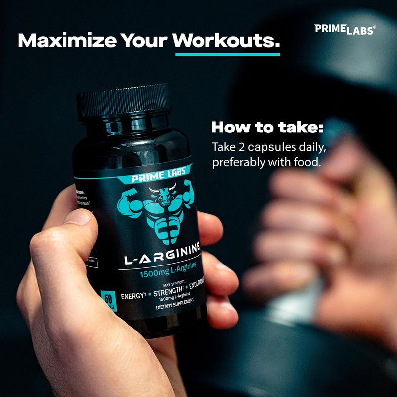 [Australia] - Prime Labs L Arginine Nitric Oxide - with L-Arginine 1500mg - Supports Blood Flow, Energy, Strength, Endurance - 60 Capsules 60 Count (Pack of 1) 