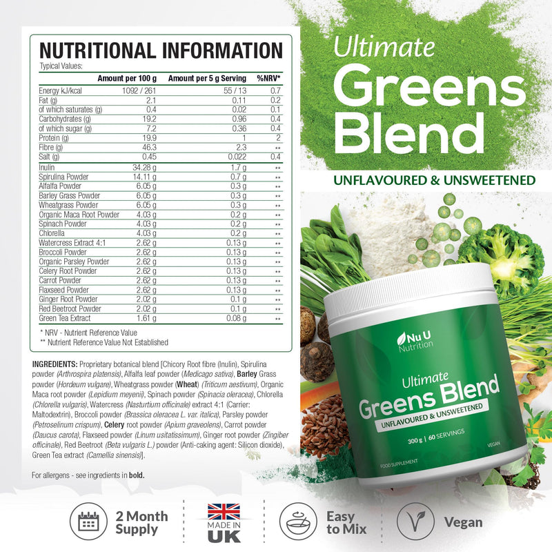 Nu U Nutrition - Greens Powder 300g - 17 Superfood Ingredients - 60 Servings - Unflavoured, Unsweetened - Ultimate Greens Blend with Maca, Beetroot & Inulin - 100% Vegan - Made in the UK