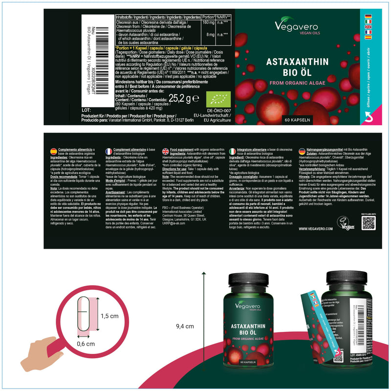 [Australia] - High-dose organic astaxanthin | Natural raw material from the EU – gentle CO2 extraction | Vegan | Algae + olive oil | Laboratory tested | 60 capsules | German production of Vegavero® 