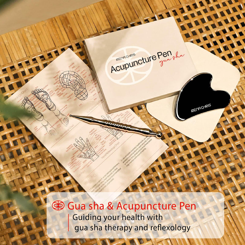 [Australia] - Rena Chris Stainless Steel Gua Sha and Acupuncture Pen, Manual Reflexology Tools for Muscle Tension and Pain Relief, Acupressure Pen and Gua Sha Set with Reflexology Chart, Easy to Use 