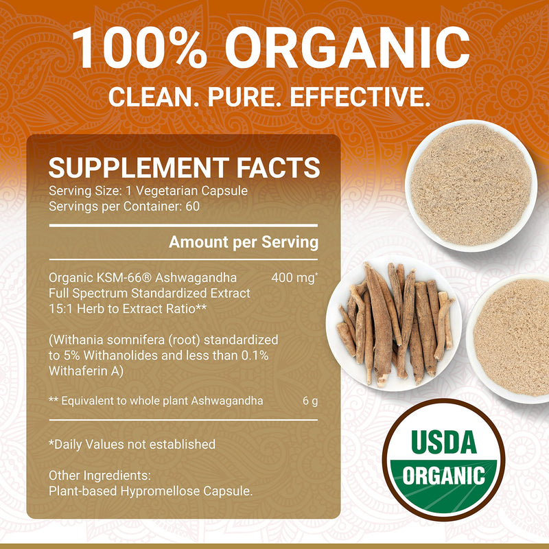 [Australia] - KSM-66 Ashwagandha KSM 66 Ashwagandha KSM-66 | USDA Organic Ashwagandha Supplements KSM 66 | KSM66 Ashwagandha Organic | Organic Ashwagandha Capsules | Aswagandha Vitamin | Ashwaganda | 60 Capsules 