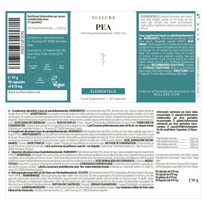 Nullure Palmitoylethanolamide Pea Supplement | 400 mg Capsule | Pure Pea | Third-Party Tested in Germany | Vegan | No additives | Anti-inflammatory · Pain Management | 90 Capsules | Made in Barcelona
