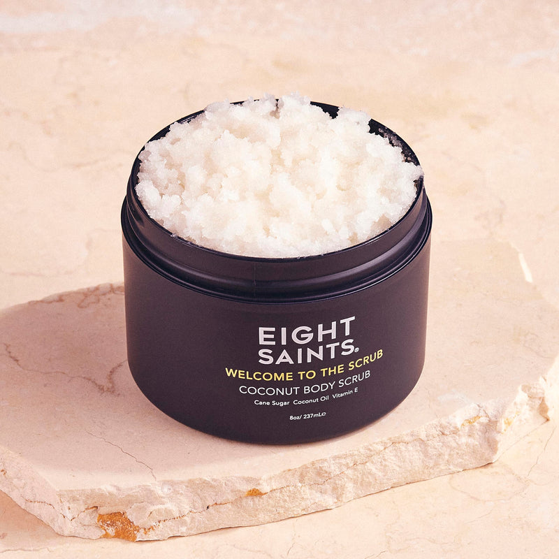 Eight Saints Welcome to the Scrub Coconut Body Scrub, Sugar Scrub for Acne, Cellulite, Deep Cleansing, Scars, Wrinkles, Exfoliate & Moisturize Skin, with Cane Sugar, Coconut Oil, & Vitamin E, 8 Ounces