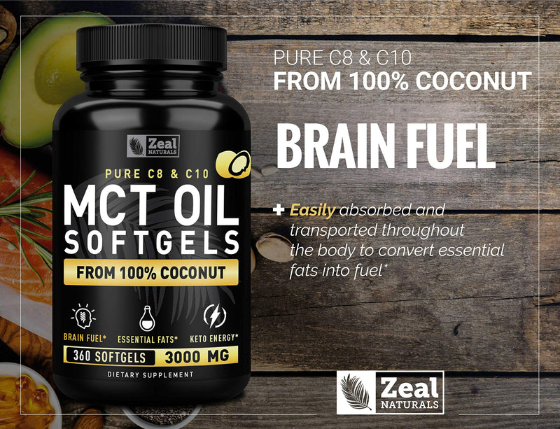 [Australia] - Pure MCT Oil Capsules (360 Softgels | 3000mg) 4 Month Supply Keto Pills w Unrefined Coconut - C10 & C8 Brain Fuel, Energy, Octane Ketosis 