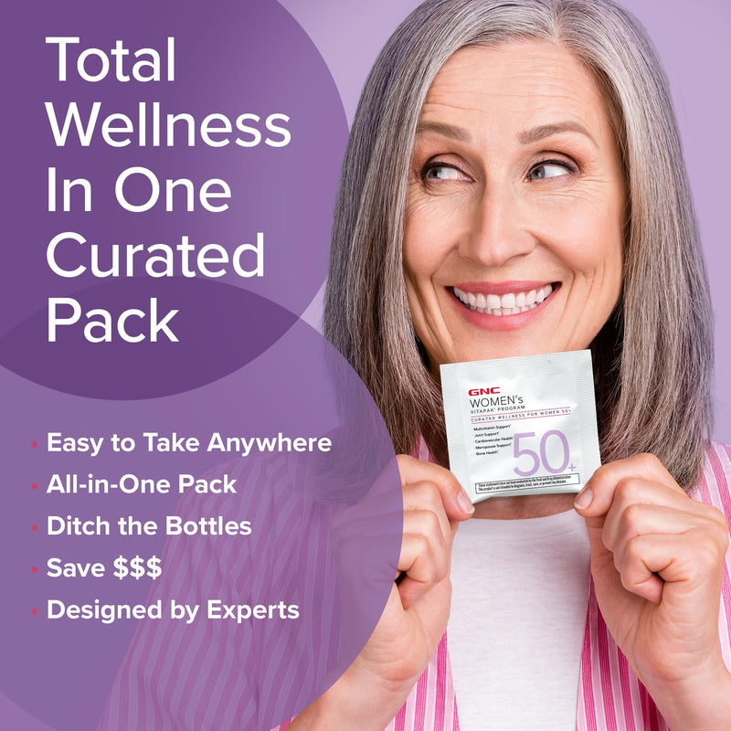 GNC Women's 50+ Vitapak, 5-in-1 Multivitamin Pack, 30 Servings | Supports Healthy Hormones with Soy Isoflavones, Energy and Immunity with Iron, Biotin, and Zinc, Plus CoQ10 for Heart Health