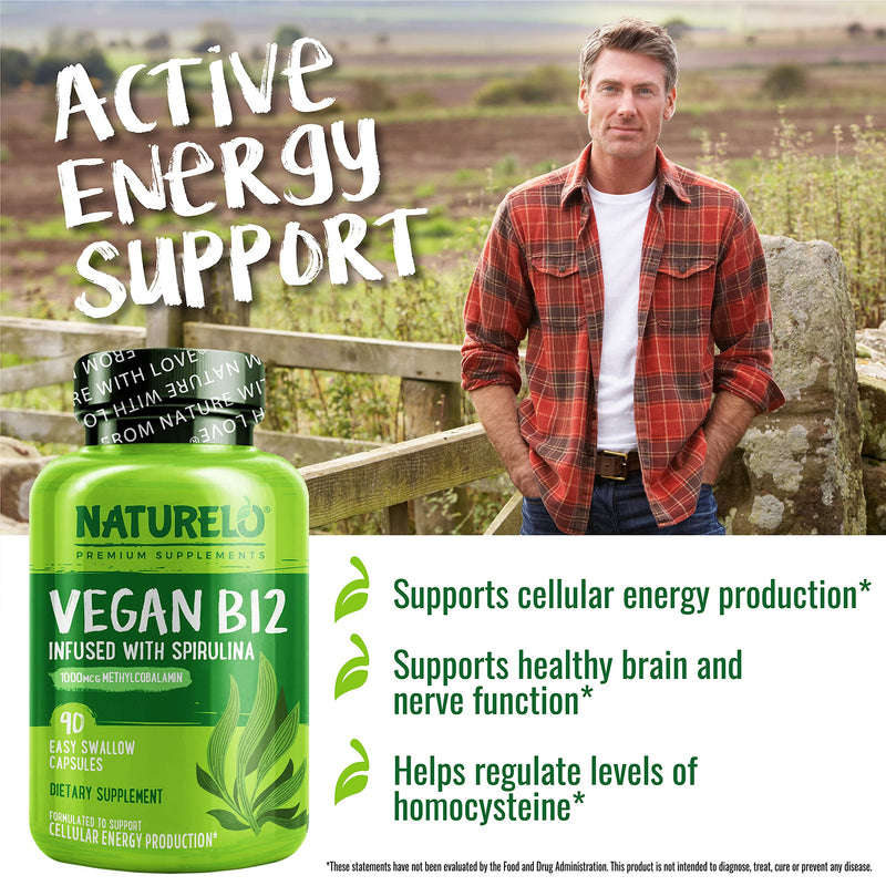 NATURELO Vitamin D - Plant Based from Lichen - 180 Mini Capsules, Vegan B12, 1000 mcg Methylcobalamin - 90 Capsules