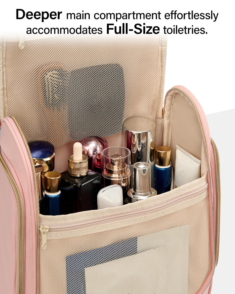 Hanke Hanging Travel Toiletry Bag for Men and Women, Water-Resistant Toiletries Bag Makeup Organizer with Hook, Cosmetic Bag for Bathroom & Travel Essentials Accessories, Pink