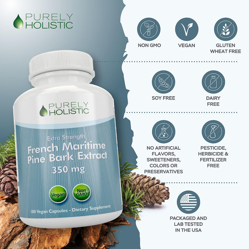 [Australia] - Purely Holistic Pine Bark Extract 350mg 180 Vegan Capsules 95% Proanthocyanidins - French Maritime Pine Bark Extract - Non GMO & Pesticide Free Antioxidant Supplement 