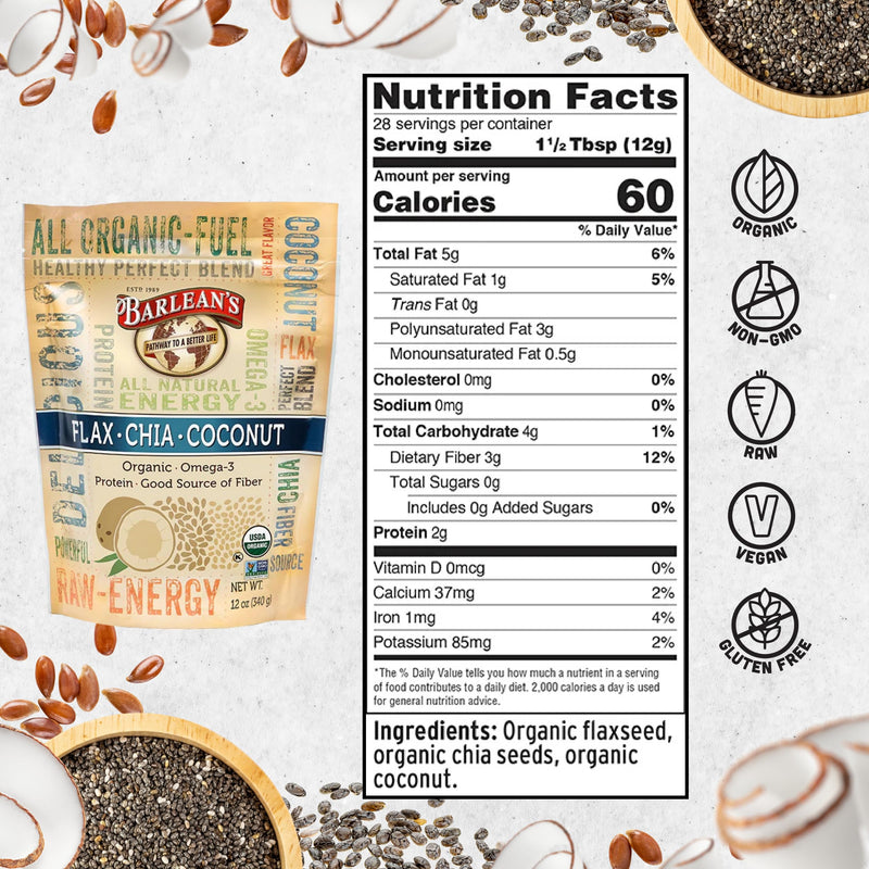 Barlean's Organic Flax Chia Coconut Seed Blend with 2,330 mg Omega 3 Fatty Acids, Fiber Supplement with Whole Chia Seeds and Ground Flaxseed, 12 oz Flax-Chia-Coconut 12 Ounce (Pack of 1)