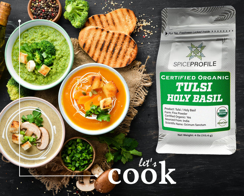 [Australia] - Spice Profile | USDA Certified Organic Holy Basil (Tulsi Leaf) Powder | Resealable 4oz Pouch | For Vitality & Wellness | Perfect for Teas & Drinks 