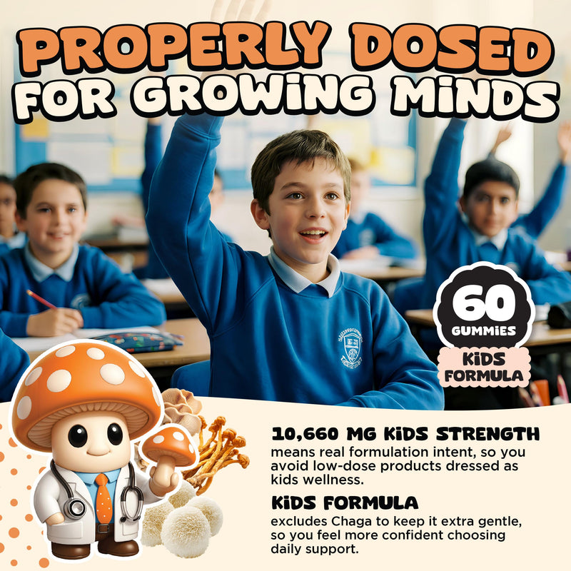 Mushroom Gummies for Kids | Multi Functional Blend with Lion’s Mane & Cordyceps | Focus, Calm & Immune Balance Support | Vegan & Sugar Free | 60 Pack (Mango and Orange) Mango and Orange